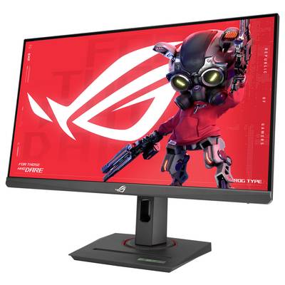 Moniteur d'ordinateur affichant un robot portant un sweat à capuche rouge et tenant un fusil, sur un fond rouge avec un grand logo blanc.