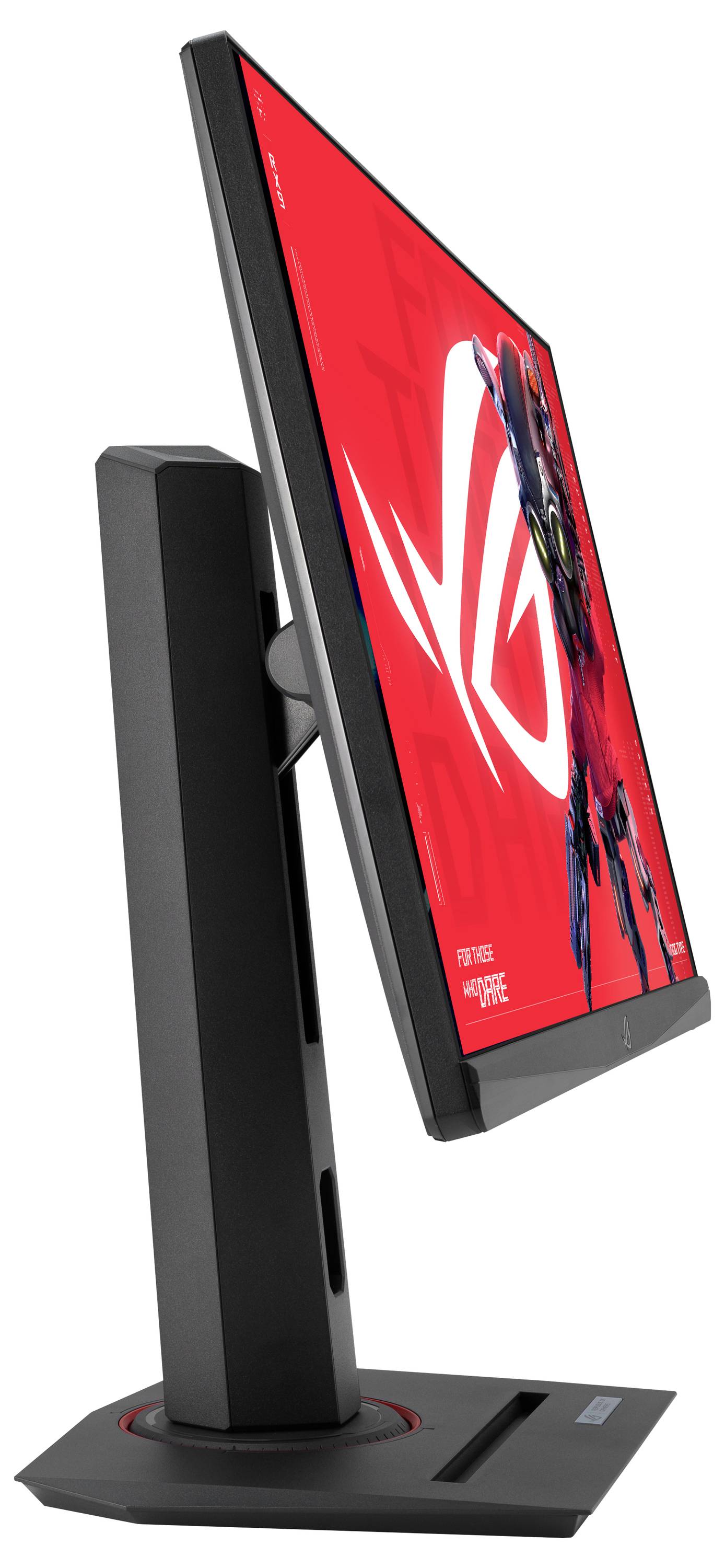 Un écran d'ordinateur moderne est incliné sur un support noir. Un fond d'écran rouge avec un logo s'affiche sur l'écran.
