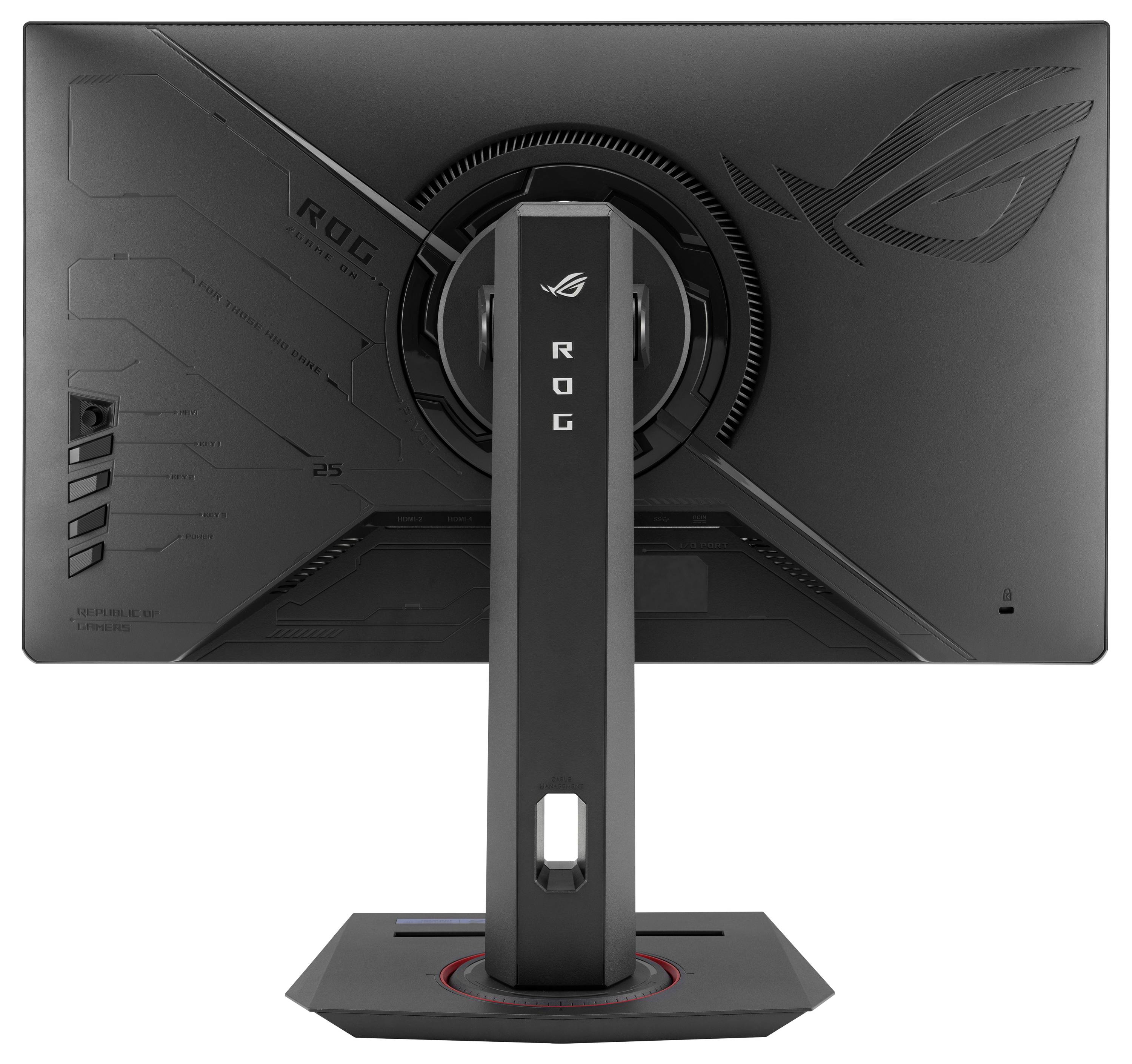 Vue arrière d'un écran d'ordinateur noir. Le moniteur présente un design moderne et repose sur un socle rectangulaire stable.