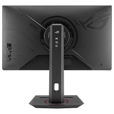 Vue arrière d'un écran d'ordinateur noir. Le moniteur présente un design moderne et repose sur un socle rectangulaire stable.