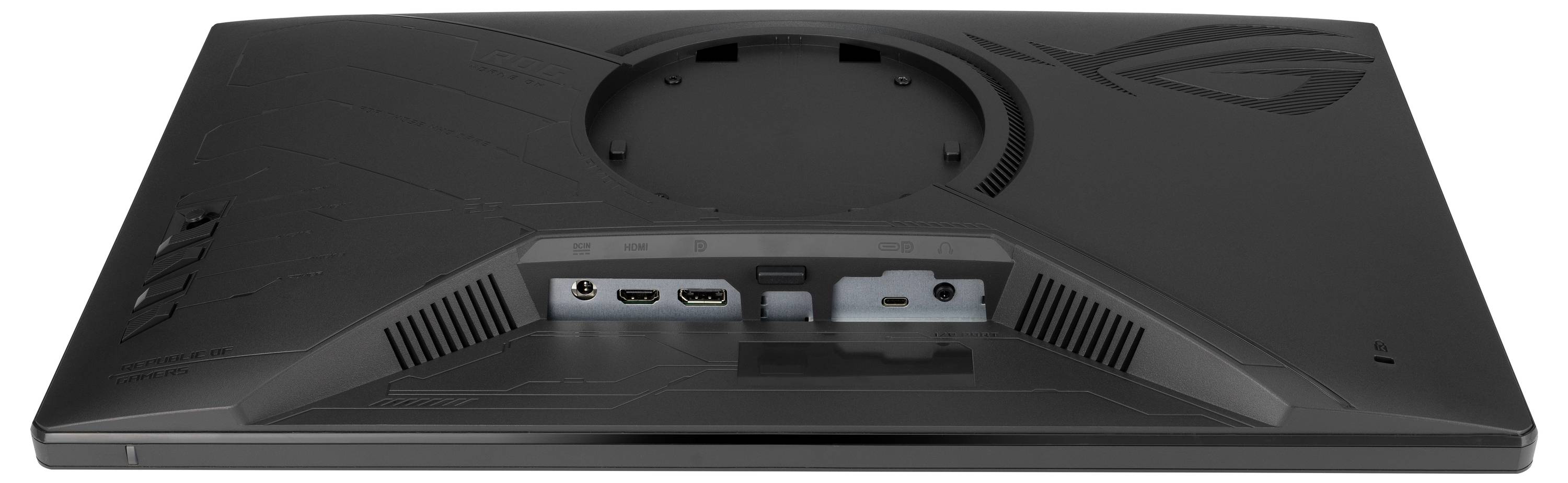 Arrière d'un moniteur d'ordinateur avec des ports : deux HDMI, un DisplayPort et un port audio. Boîtier noir avec des motifs discrets.