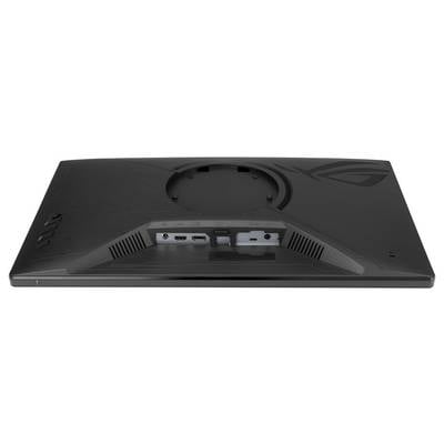 Arrière d'un moniteur d'ordinateur avec des ports : deux HDMI, un DisplayPort et un port audio. Boîtier noir avec des motifs discrets.