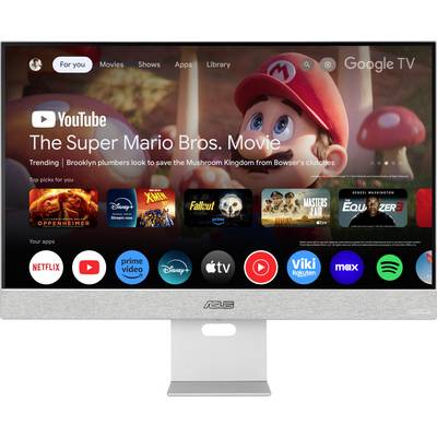 Page d'accueil de film sur un écran avec un aperçu YouTube du film "Super Mario Bros. : Le Film". Applications recommandées : Netflix, Disney+, Amazon Prime.