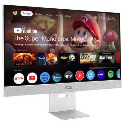 Un écran affiche Google TV avec 'Super Mario Bros. : Le Film'. En dessous, plusieurs applications de streaming telles que Netflix, Prime Video et Disney+ sont visibles.