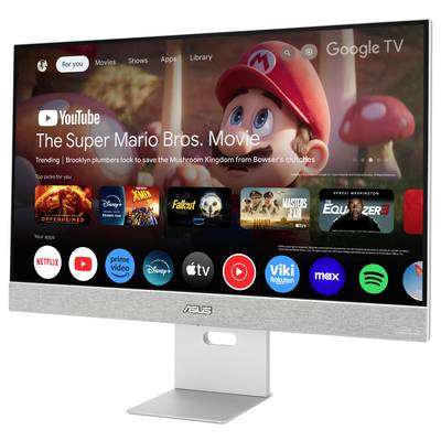 Un écran d'ordinateur affiche l'interface utilisateur de Google TV. Au centre, 'The Super Mario Bros. Movie' est mis en avant.