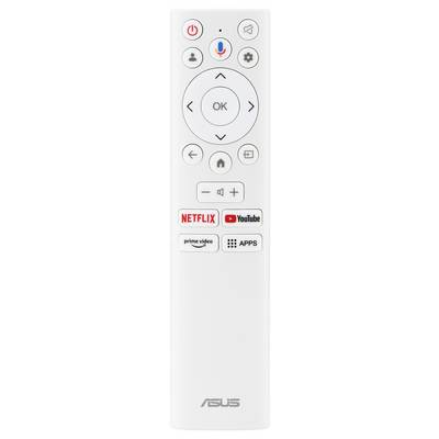 Télécommande blanche avec des touches pour 'Netflix', 'Prime Video', 'YouTube' et 'Apps', entourée de boutons de commande standard.