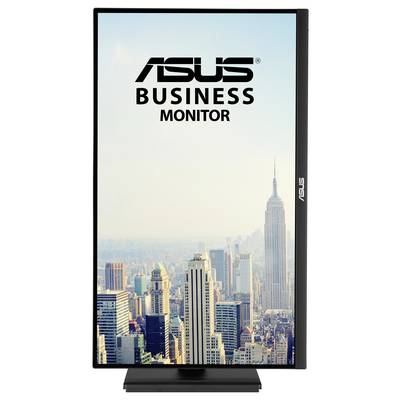 Moniteur avec écran vertical affichant une vue de la ville avec des gratte-ciels et l'Empire State Building, texte 'Moniteur professionnel Asus'.