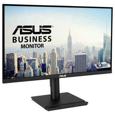 Un moniteur commercial ASUS affiche une vue de ville avec des gratte-ciels modernes et un ciel dégagé en arrière-plan.