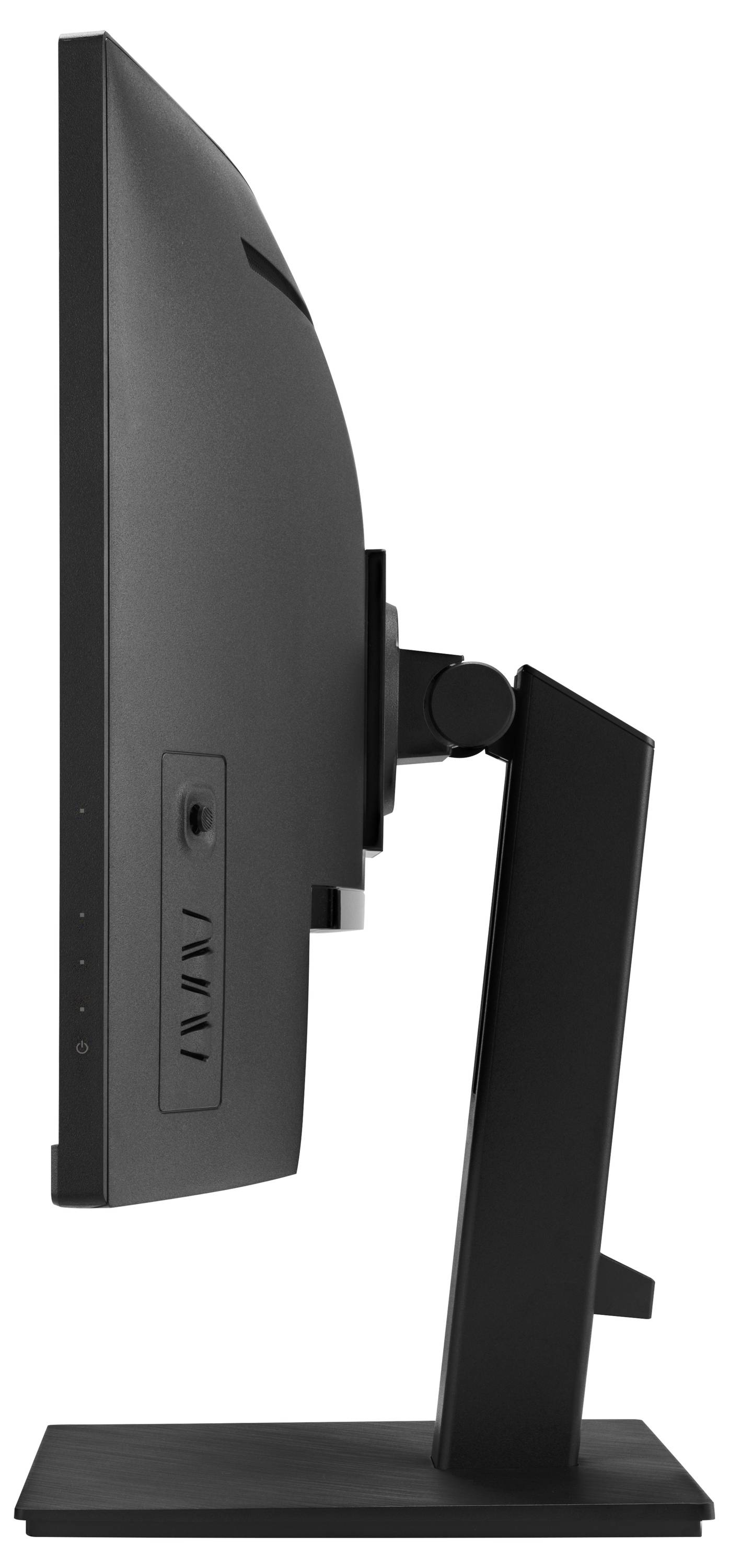 Vue latérale d'un moniteur d'ordinateur noir avec un socle rectangulaire, montrant ses connexions et son réglage d'inclinaison.