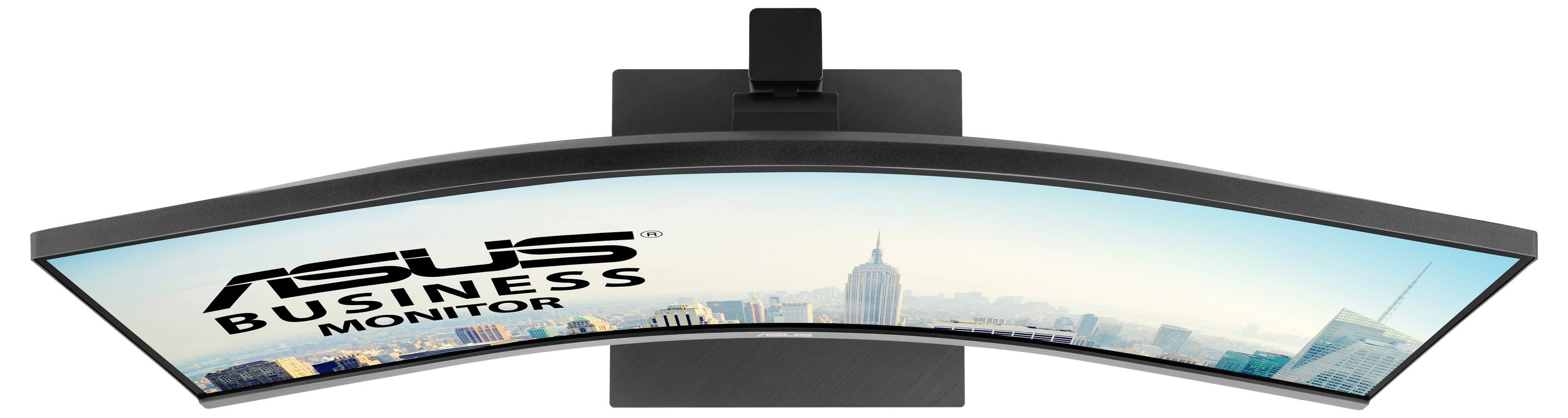 Moniteur incurvé d'Asus avec une skyline urbaine en arrière-plan, adapté aux usages professionnels.