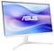 Un moniteur ASUS à boîtier blanc est posé sur un socle blanc, l'écran affiche des motifs d'ondes bleus et violets avec le logo ASUS.