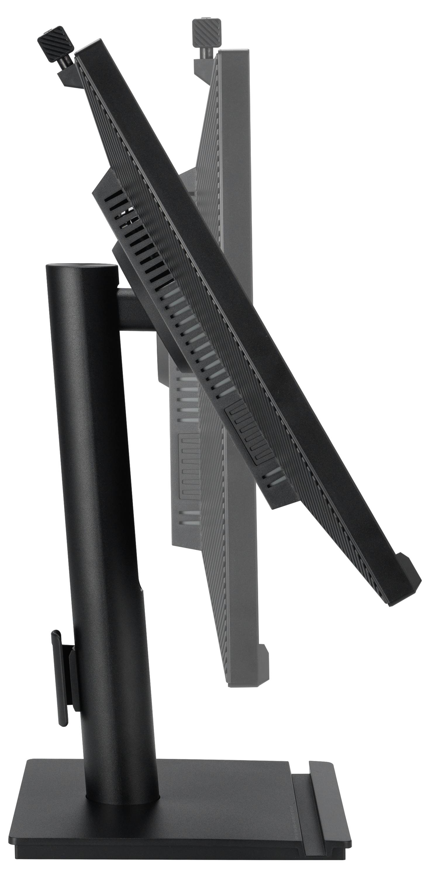 Vue latérale d'un moniteur d'ordinateur noir, légèrement incliné vers l'arrière, monté sur un support vertical.