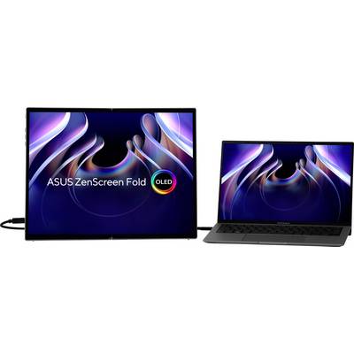 Deux écrans côte à côte : à gauche, un grand moniteur vertical avec 'ASUS ZenScreen Fold OLED', à droite, un ordinateur portable.