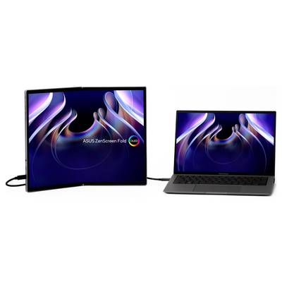 Deux écrans : À gauche, un grand écran pliable portant le texte « ASUS ZenScreen Fold ». À droite, un ordinateur portable avec un affichage similaire.