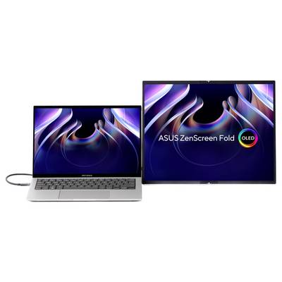 Ordinateur portable avec un écran externe connecté. Les deux affichent un design abstrait et coloré. Texte sur l'écran : « ASUS ZenScreen Fold OLED ».