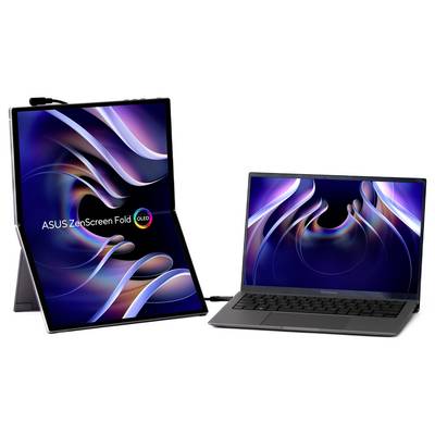 Un écran ASUS ZenScreen Fold OLED déplié à côté d'un ordinateur portable ASUS. Les deux écrans affichent un motif abstrait et coloré.