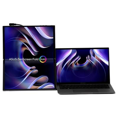 Deux écrans ASUS ZenScreen Fold OLED, l'un plié verticalement, l'autre horizontalement, affichent un motif abstrait et coloré.