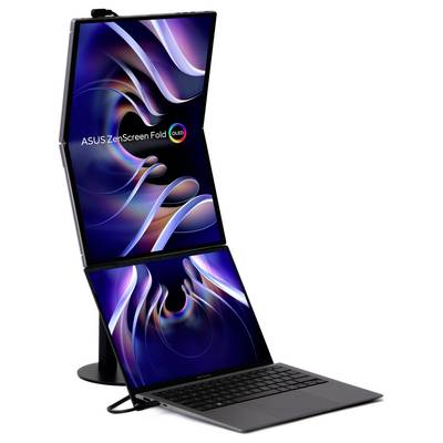 Ordinateur portable avec deux écrans, disposés verticalement. Un écran plus grand en haut, un écran plus petit avec clavier en bas.