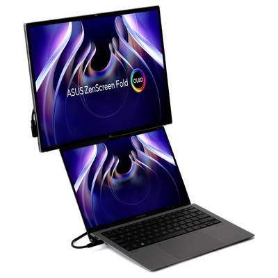 Un ordinateur portable avec deux écrans, l'un vertical et l'autre horizontal. Sur l'écran vertical, il est écrit « ASUS ZenScreen Fold OLED ».