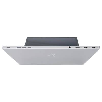 Un ordinateur portable argenté avec plusieurs ports à l'arrière, dont USB et HDMI. L'appareil est partiellement fermé.