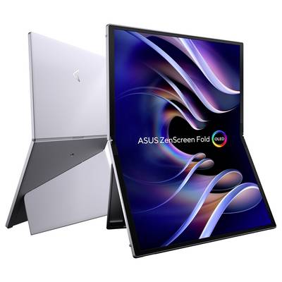 Un écran ASUS pliable dans des couleurs modernes. Texte : 'ASUS ZenScreen Fold OLED'. L'écran est autonome grâce à un système de support intégré.