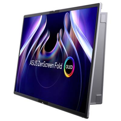 Écran ASUS ZenScreen Fold OLED, légèrement incliné, affichant le logo et un graphique de fond coloré et ondulé.