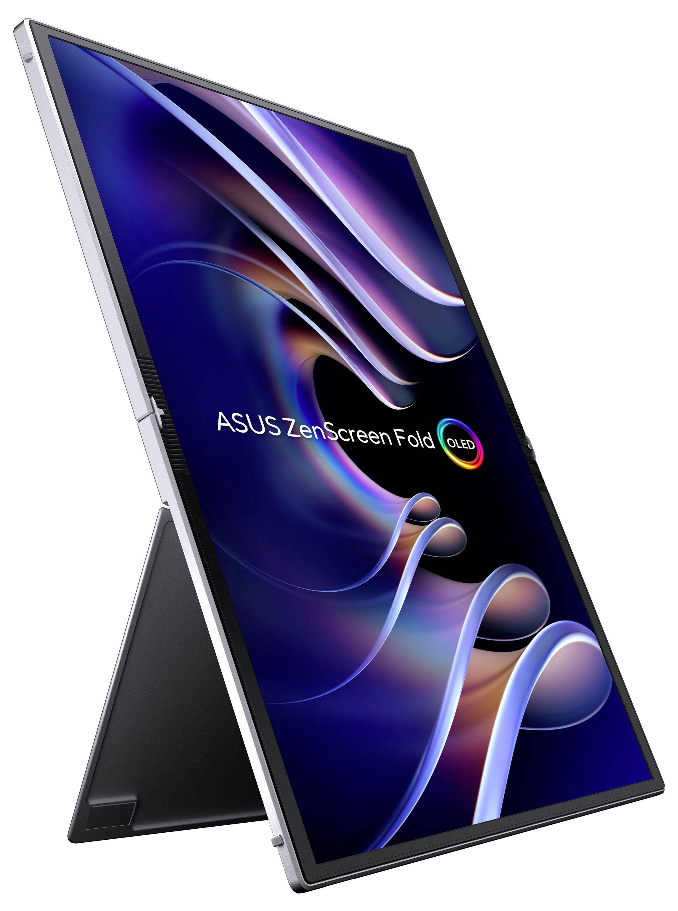 Un écran ASUS ZenScreen Fold OLED affiche un motif coloré et ondulant sur son écran. Le moniteur est en orientation portrait.
