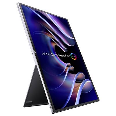 Un écran ASUS ZenScreen Fold OLED affiche un motif coloré et ondulant sur son écran. Le moniteur est en orientation portrait.