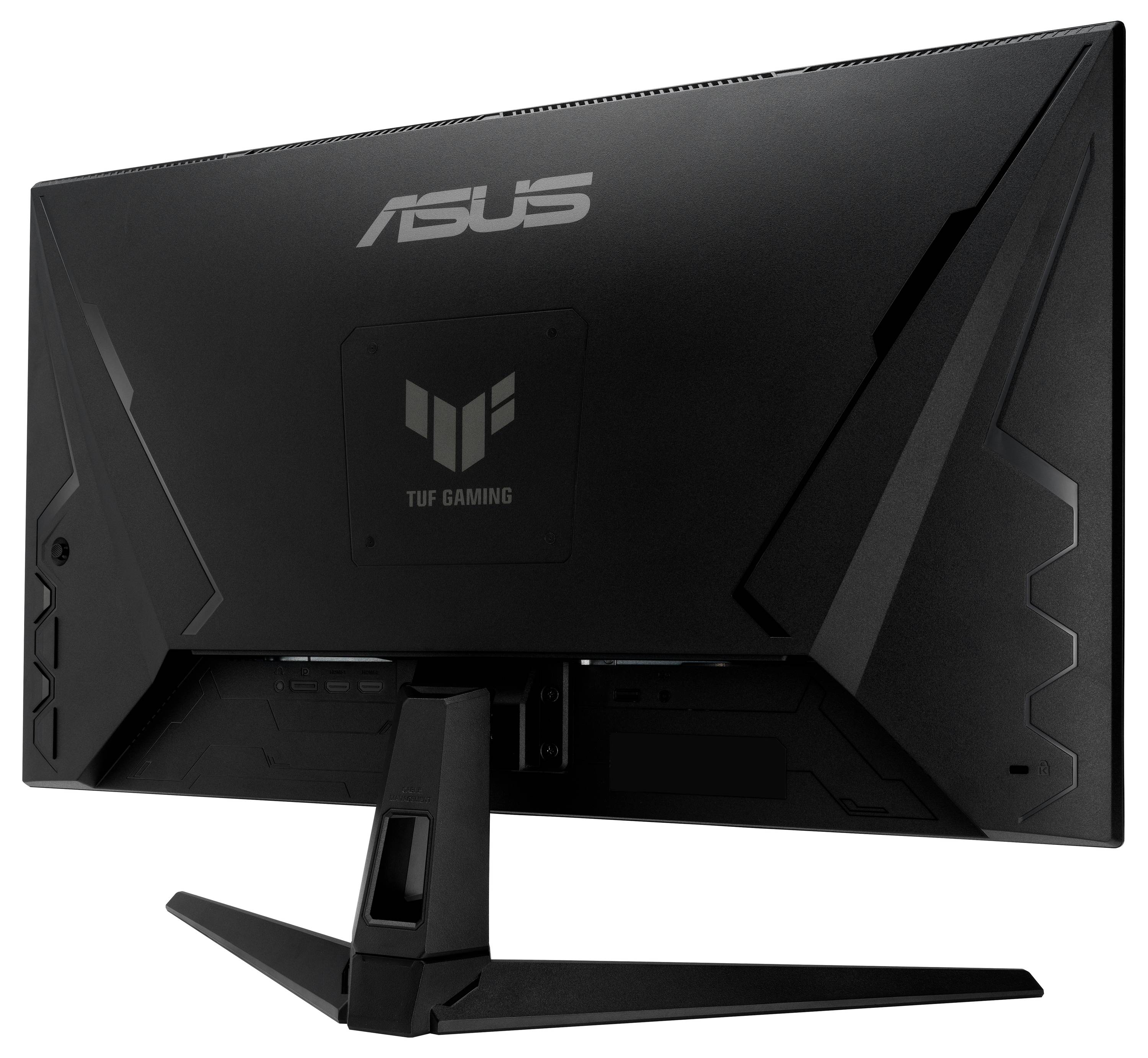 L'image montre l'arrière d'un moniteur gaming ASUS TUF noir avec des lignes de design marquantes et un socle stable.