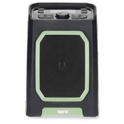 Haut-parleur noir avec des accents verts, design rectangulaire. Touches de commande et écran en haut. Marque 'imperial' sur la partie inférieure.