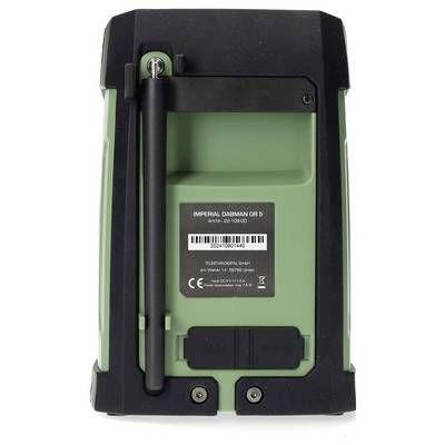 Lampe de poche verte et noire avec numéro de série et informations du fabricant au dos.