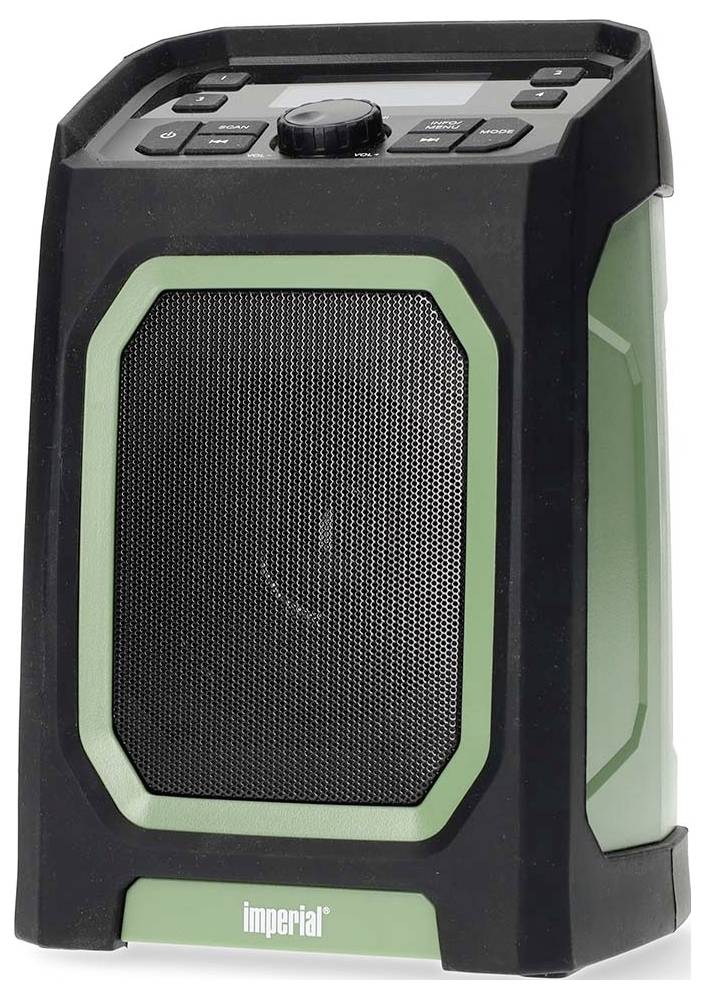 Enceinte portable noir et vert avec touches de commande et écran sur le dessus. Nom de marque 'imperial' en bas à l'avant.