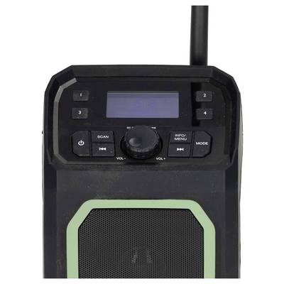Radio portable avec boîtier noir et gris, touches pour balayage, Info/Menu et Mode, réglage du volume et affichage en haut.