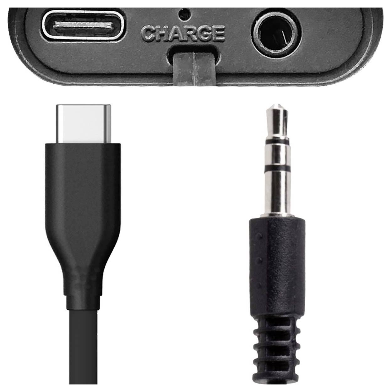 Deux fiches de câble : USB-C et jack 3,5 mm. En haut, une interface de connexion portant l'inscription « CHARGE ».