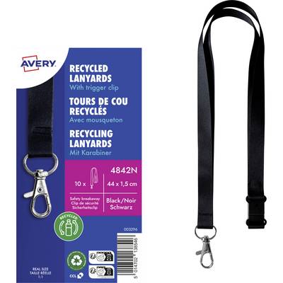 'Cordons recyclés avec clip de déclenchement. Fermeture de sécurité amovible. 44 x 1,5 cm. Noir. Pack de 10. Marquage Avery. Comprend des symboles de recyclage.'