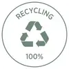 Symbole de recyclage avec trois flèches en cercle. En haut est écrit 'RECYCLAGE', en bas '100%'.