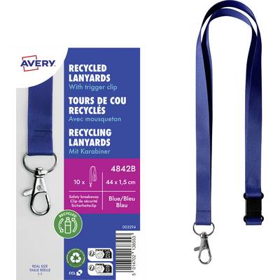 Emballage de 'Lanyards Recyclables' présentant un lanyard bleu avec clip de déclenchement. Comprend du texte bilingue et des symboles de recyclage.