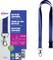 Emballage de 'Lanyards Recyclables' présentant un lanyard bleu avec clip de déclenchement. Comprend du texte bilingue et des symboles de recyclage.