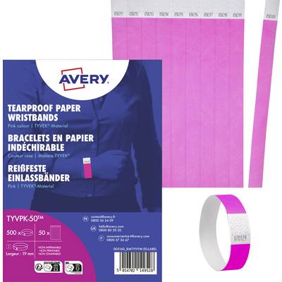Bracelets en papier indéchirable AVERY, roses, en matériau Tyvek, lot de 500, 10 x 0,75 pouces. Inclut une image du bracelet.