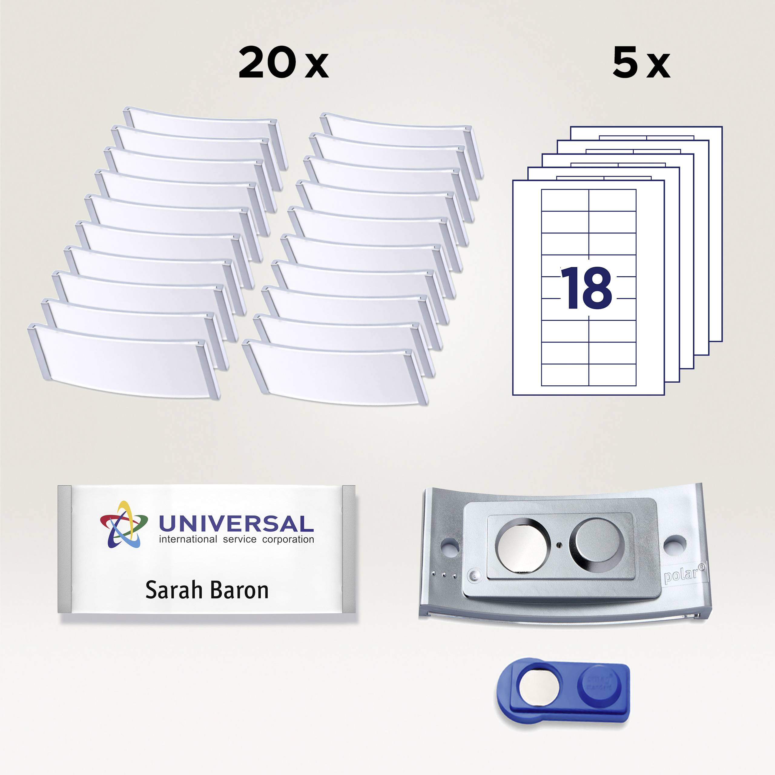 '20 supports de badge bombés et 5 feuilles, chacune avec 18 étiquettes détachables.' Comprend également des porte-badges et un aimant.