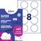 Paquet de badges nominatifs autocollants avec 8 badges par feuille et texte « ONLINE DESIGNER » ; disponibles en anglais, français, allemand.