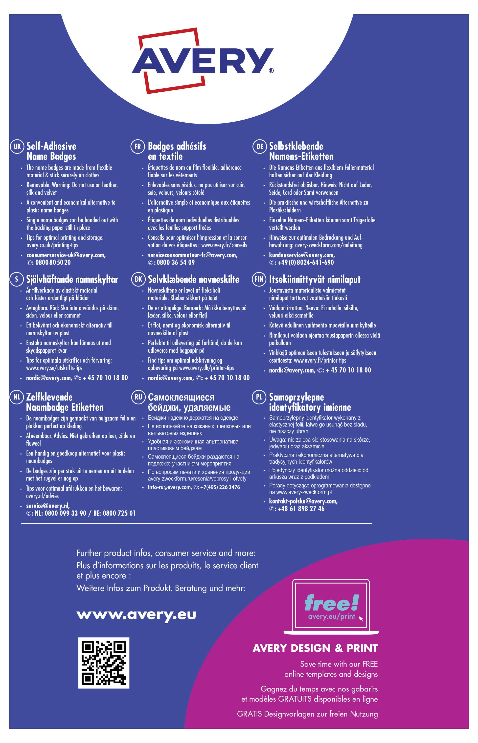 'Informations produits et instructions pour les produits Avery, y compris les étiquettes autocollantes nominatives en plusieurs langues.'