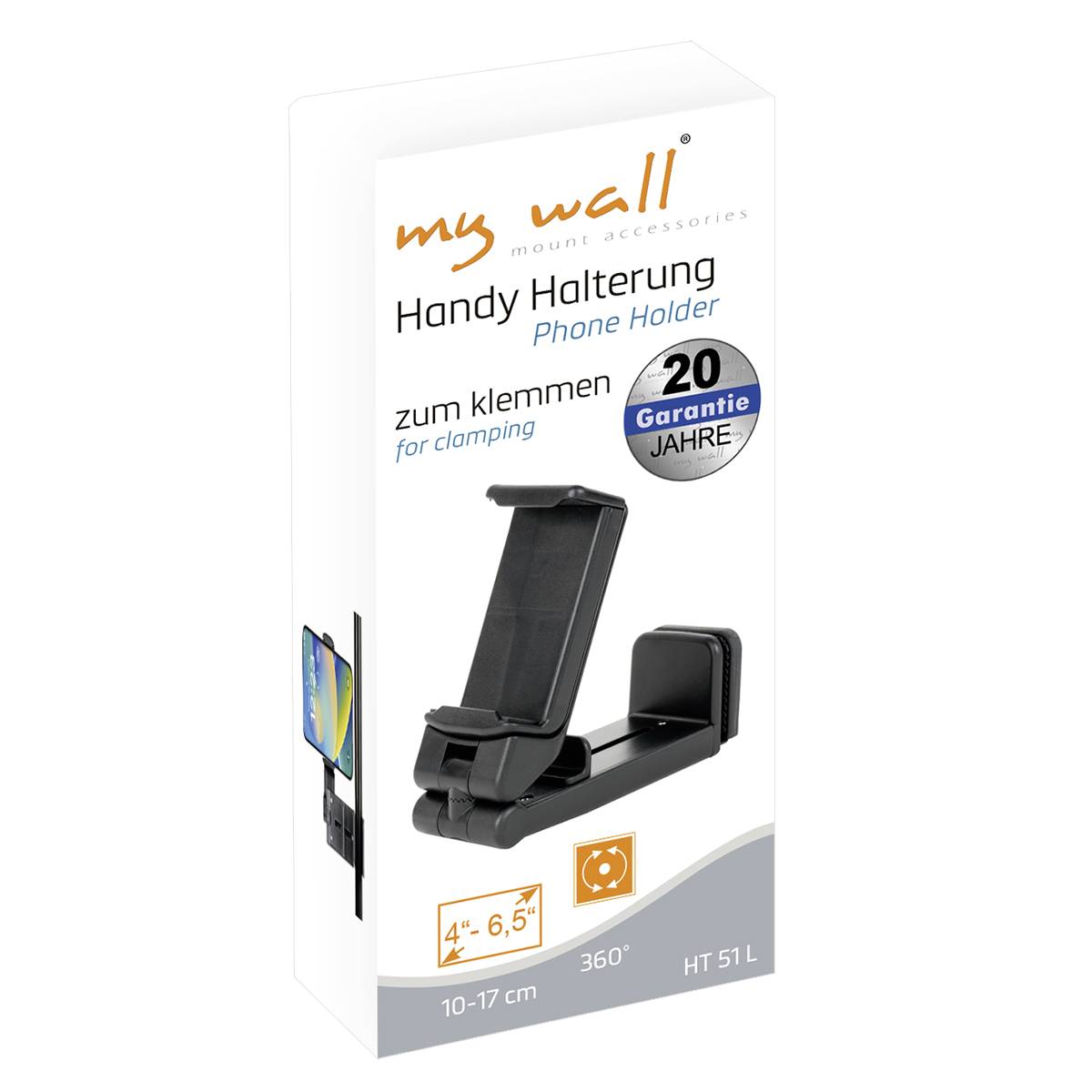 L'emballage de 'My Wall Handyhalterung' présente un support de téléphone pour des appareils de 4" à 6,5". Indication 'à pince', garantie de 20 ans.