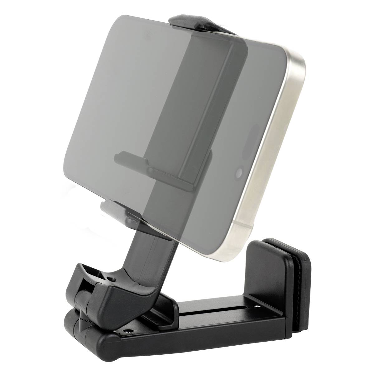 Un objectif gris sur un support pliable. Il sert probablement à l'ajustement ou à la fixation de l'axe optique.