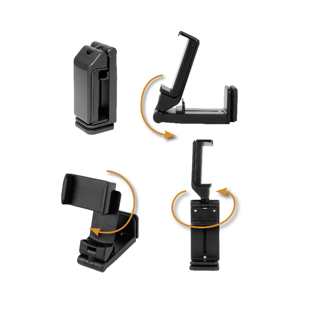 Clip noir en plastique ajustable sous différents angles. Les flèches indiquent les directions de mouvement et les possibilités de réglage.