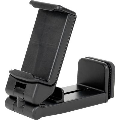 Support de téléphone pliable noir en plastique. Convient pour positionner un smartphone selon différents angles.