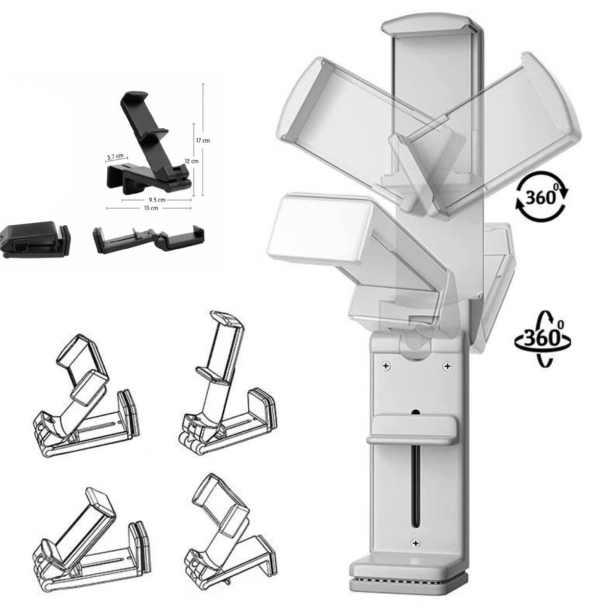Un support de téléphone ajustable pivotant à 360 degrés. Des dessins illustrent différentes perspectives et dimensions du support.