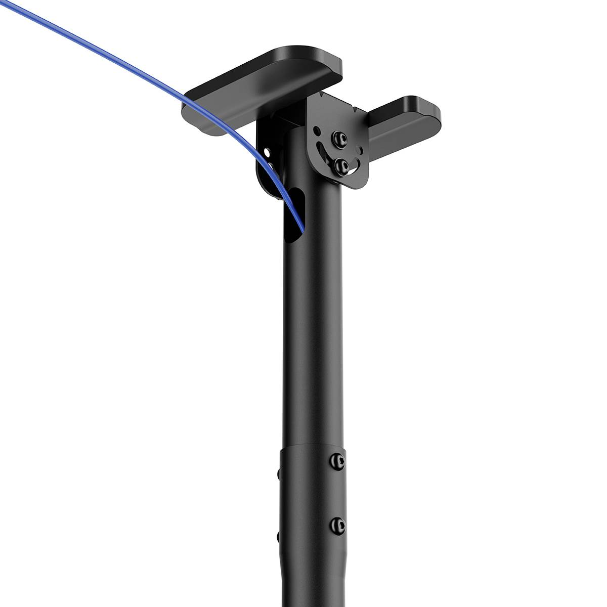 Poteau métallique noir avec des éléments de fixation en haut, relié par un câble bleu. Design minimaliste pour un support structural.