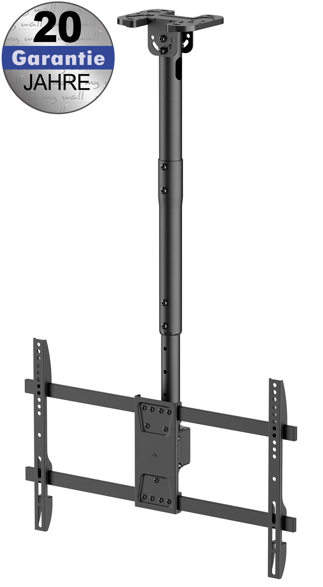 Support de plafond noir réglable pour téléviseur, adapté aux écrans plats. Un sceau indiquant '20 ans de garantie' est présent en haut à gauche.