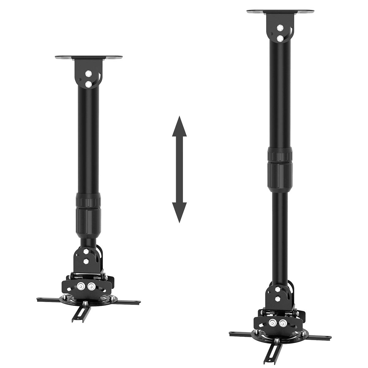 Deux supports de plafond noirs pour projecteurs, l'un rétracté, l'autre déployé, avec une flèche indiquant le réglage de la hauteur.